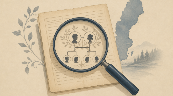 Illustration of tracing a Swedish family tree from an old document