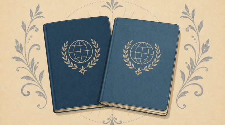Illustration of two overlapping passports representing Swedish dual citizenship