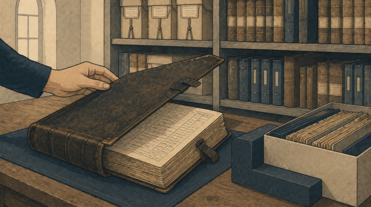 Illustration of researching records in person at a Swedish regional archive