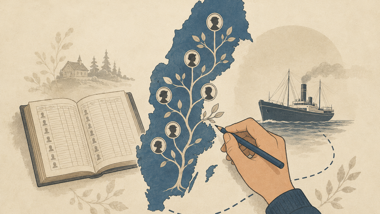 Illustration of a Swedish family tree traced across a map of Sweden